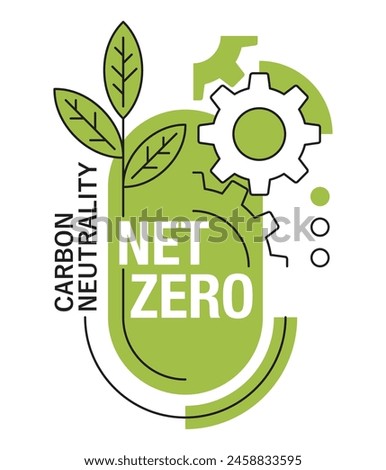 Net Zero emblem - CO2 neutral. Carbon neutrality - no air atmosphere pollution industrial production. Globe shape and leaves, geometric emblem