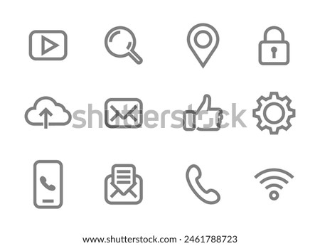 Set of vector icons for website - pin, lock, player, loupe, thumbs up, gear, cloud and mail, phone handset, wi-fi, cell phone, envelope. In bold line