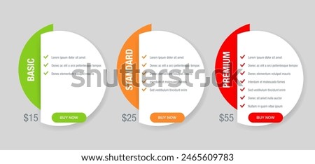 Tariff comparison table block with three options - web UI chart flat design template - Basic, Standard, Premium tariffs - three info columns with options in different colors - vector infographics