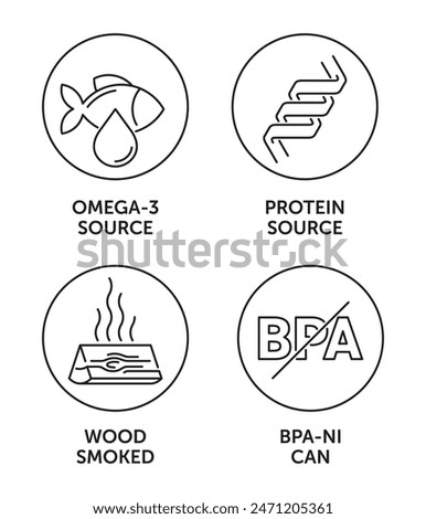 Canned fish icons set - Omega-3 source, Protein source, Wood smoked, BPA-NI can. Labeling of sea food, pictograms in thin line and circle shapes