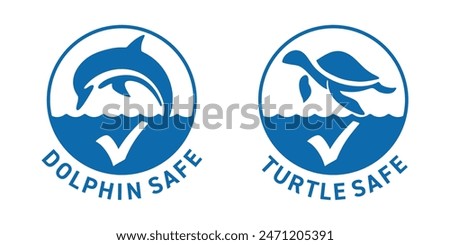 Dolphin Safe and Turtle Safe labels for canned fish. In flat monochrome style. Certifications indicating that fishing methods used to catch the fish are designed to minimize harm to sea animals