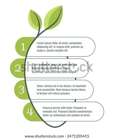 Eco-friendly sustainable lifestyle goals infographic template with four steps in one column with leaf shapes and sample text