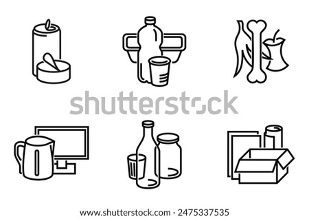 Waste sorting, separation square icons set in bold line - dumpster marking stickers with different garbage types - glass, plastic, metal, paper, organic and electronic waste