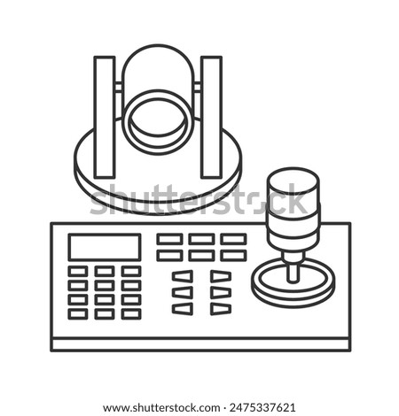 Pan-tilt-zoom PTZ camera - robotic device for remote or automatically panning horizontally, tilting vertically and zooming. Lens and controller with joystick and keyboard. Icon in thin line