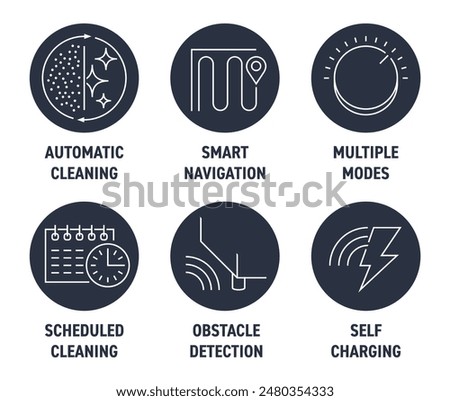 Robot vacuum cleaner six features circular icons set - Scheduled cleaning, Obstacle detection, Self-charging, Automatic cleaning, Smart navigation and Multiple modes. Pictograms for labeling in flat