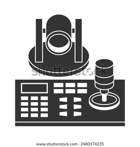 Pan-tilt-zoom PTZ camera - robotic device for remote or automatically panning horizontally, tilting vertically and zooming. Lens and controller with joystick and keyboard. Icon in monochrome style