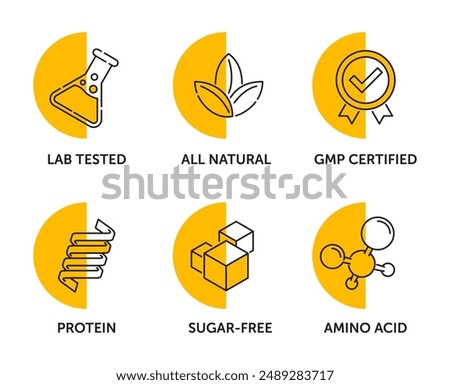 General-purpose icons set for food dietary supplement - Lab tested, All natural, GMP certified, Protein source, Sugar-free, Amino acid. Pictograms for labeling, semicircle shape and in thin line