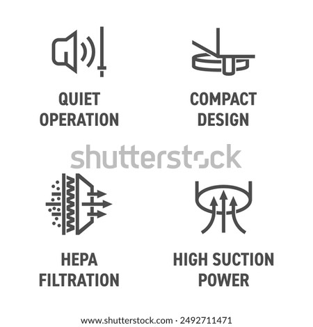 Robot vacuum cleaner icons-set - High suction power, HEPA filtration, Compact design, Quiet operation. Pictograms for labeling in bold line