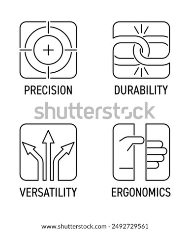 Hand tool characteristics and benefits icons set. Ergonomics, Versatility, Durability and Precision. Pictograms for labeling in thin line and square shape