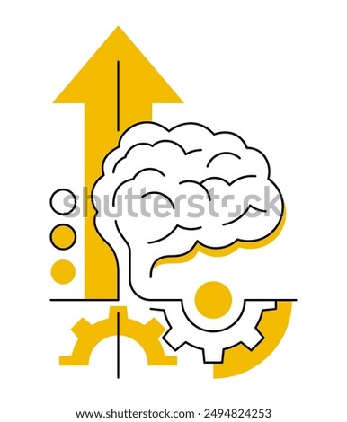 Brain Boost or Development. Human brain with gears mechanism and arrow up. Psychological vector concept in thin line and yellow fill