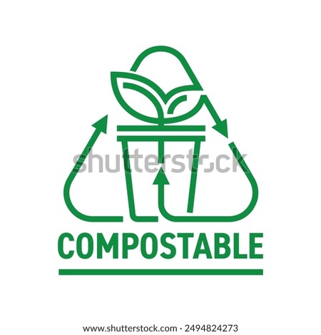 Recyclable and Compostable drinking cup triangular sticker for used dishes. Flat Vector badge in bold line