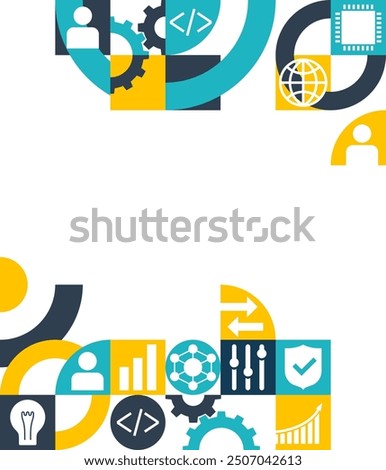 Big Data report or article decoration, top and bottom side of brochure, header or footer of slideshow. Geometric pattern with many business pictograms