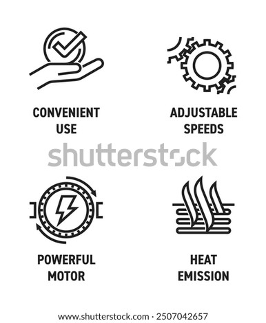 Drill or concrete mixer main features icons set - Powerful motor, Heat emission, Convenient use, Adjustable speeds. Pictograms for labeling in bold line