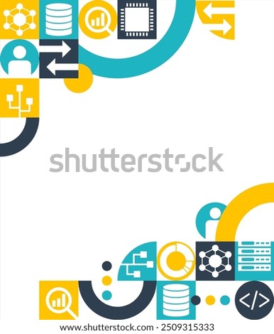 Big Data report or article decoration, top and bottom side of brochure, header or footer of slideshow. Geometric pattern with many business pictograms