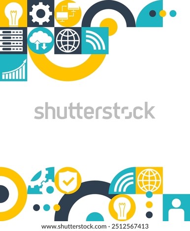 Big Data report or article decoration, top and bottom side of brochure, header or footer of slideshow. Geometric pattern with many business pictograms