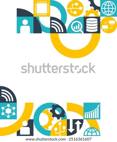 Big Data report or article decoration, top and bottom side of brochure, header or footer of slideshow. Geometric pattern with many business pictograms