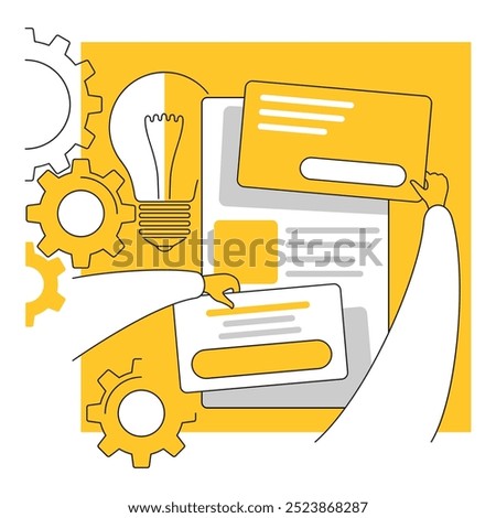 Web UI and website development using worker hands - metaphoric concept, in thin line and yellow color