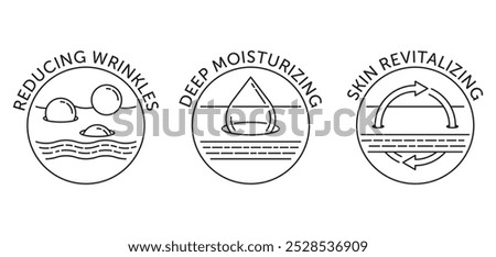 Icons set for skincare products labeling - reducing wrinkles, deep moisturizing and skin revitalizing