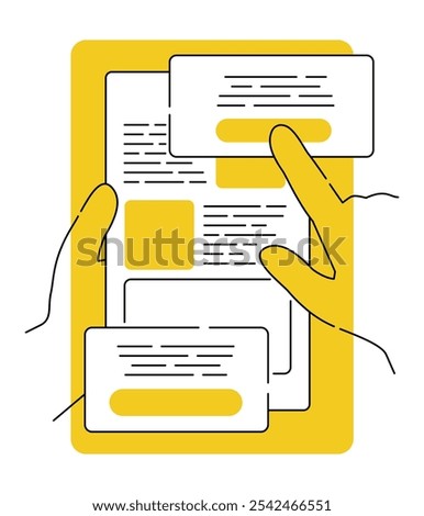 Zero-coding development of websites and web applications - tools without manual coding. Illustration in thin line with yellow background