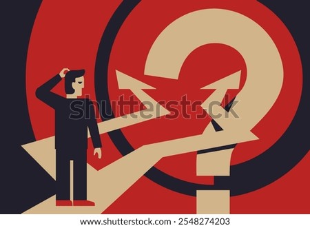 Correct decision choosing - Question mark and thinking person, before important choice. vector illustration for business concept or political voting, retro poster colors