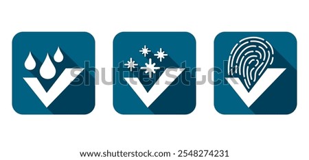 Glass cleaning agent icons in square shape with long shadows - pictograms set - dust, fingerprints and water drips removal function - emblems for household chemicals products packaging. 