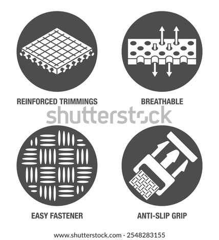 Shoulder brace sling properties icons set for labeling. Breathable, Reinforced trimmings, Easy fastener and Anti-slip grip. In monochrome style and circle shapes