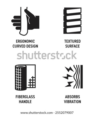 Hand tool handle benefits icons set - Ergonomic curved design, Textured surface, Fiberglass material, Absorbs vibration. Pictograms for labeling for hammer, screwdriver or any other tool. In