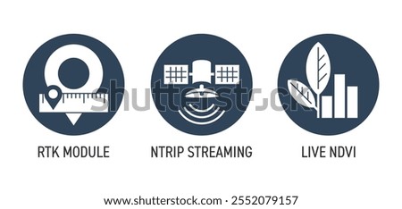 Agricultural UAV drone tracking modules icons set - RTK, NTRIP Streaming, Live NDVI view. Monochrome pictograms set for labeling in circle shape