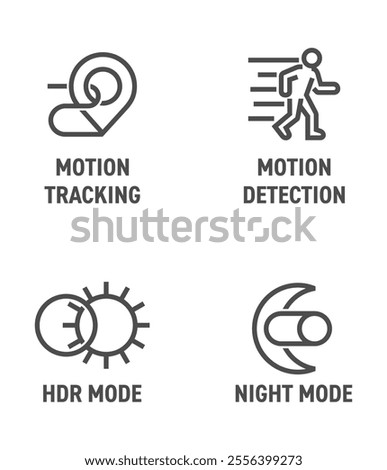 Surveillance camera benefits. CCTV icons set in bold line for packaging - HDR mode, Night mode, Motion tracking and detection