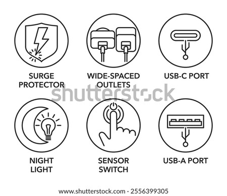 Smart socket extender icons set - Surge protector, Wide-spaced outlets, USB-C and USB-A ports. Night light and Sensor switch. Pictograms for labeling in thin line