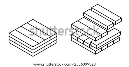 Cross-laminated timber, CLT - engineered wood panel product made from gluing together of solid-sawn lumber cut from a single log. Each layer of boards is oriented perpendicular to adjacent. Icon in