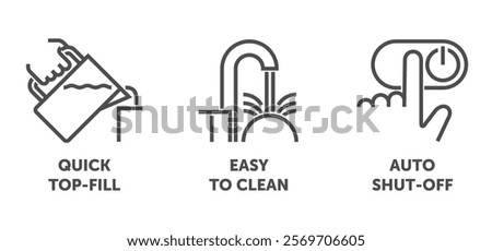 Air Humidifier properties icons set - Quick Top-fill, Easy to clean, Automatic Shut-off - pictograms for labeling in bold line