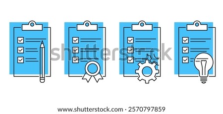 Checklist or to-do list icons set - document with gear, lightbulb, pencil or guarantee seal. Pictograms in thin line and blue background