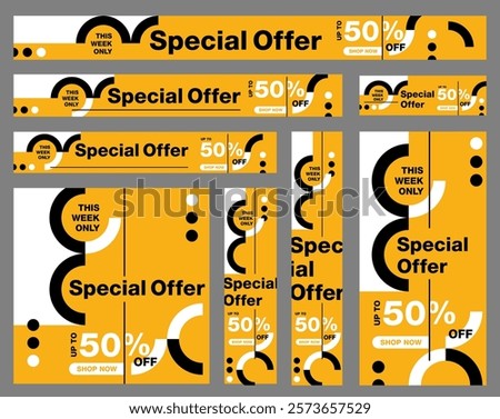 Special offer banner template for many sizes and aspect ratio - rectangle, wide leaderboard, square, skyscraper, large mobile banner, portrait. Yellow and black colors