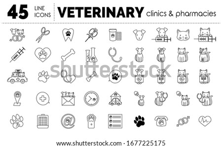 Vector thin line icon big set for vet clinics and pharmacies with dog, cat and veterinary symbols