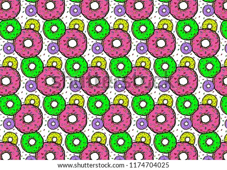 Bright and colorful pattern with donuts.