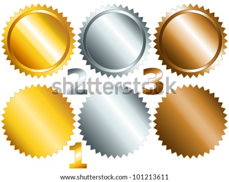EPS 10: Gold, silver and bronze games related set of rosette medal or label with related numbers in metallic colors