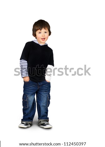 Cute And Hip Little Boy Leaning And Speaking, Hands In The Pockets ...