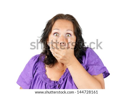 Gobsmacked, shocked or surprised woman with hand over mouth