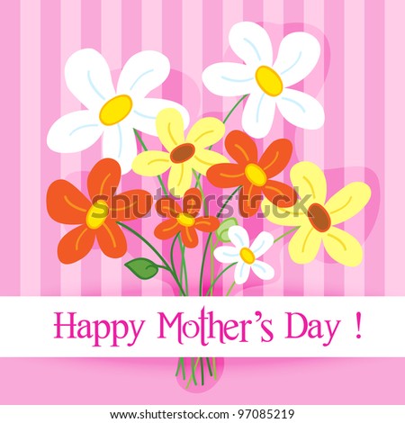 Celebration card: cute and fun hand drawn daisy flowers with shadow over a pink stripes background with Happy mother\'s day banner.