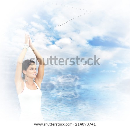 Woman doing yoga outdoor, sky and water, white effect