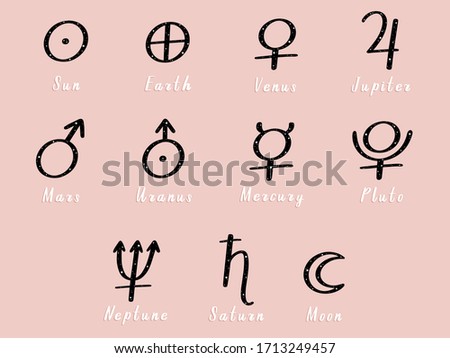 Vector set of zodiac and astrology symbols of planets on pink background