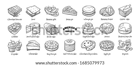 Big doodle set of American sweets. Hand drawn sketch of traditional desserts. Vector illustration on white background.