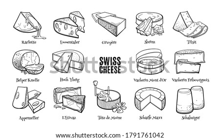 Swiss cheese doodle set with names. Hand drawn sketch of traditional product. Outline illustration for menu and recipes.