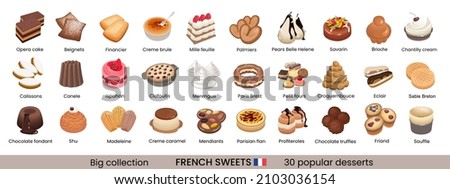 Big set of french sweets. Hand drawn colorful illustration of popular traditional desserts for cafe, bakery and restaurant menu. Stockfoto © 