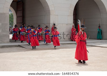 SEOUL, SOUTH KOREA - MAY 31: Kyungbokgung Palace Royal Guard-Changing Ceremony on May 31, 2013, in Seoul. This tradition is similar to the changing of the guard at Buckingham Palace in England.