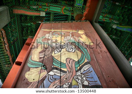 Wooden Painting of Buddhist Deity Holding Sword
