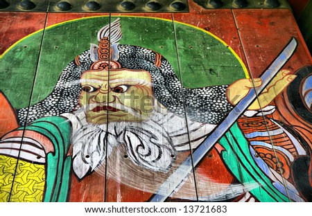 Ancient Buddhist Wooden Temple Door Painting of Deity Wielding Sword