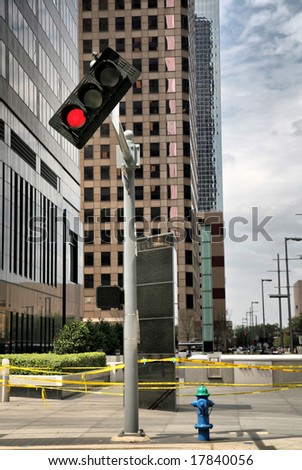 Traffic Light Stuck on Red Bent at 45 degree angle by Hurricane Ike in Houston(Release Information: Editorial Use Only. Use of this image in advertising or for promotional purposes is prohibited.)