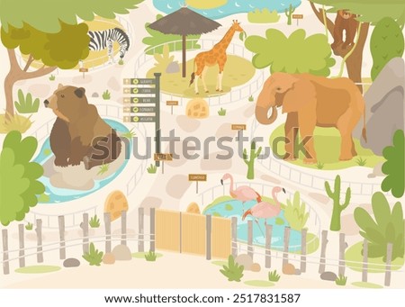 Cute cartoon Animal Zoo. Wild tropical park vector illustration with Elephant, Giraffe, Bear, Zebra, Monkey and Flamingo.